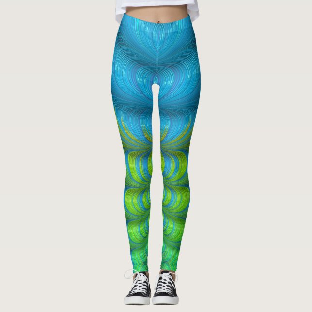 Folded Waves of Green and Blue Fractal Abstract Leggings (Front)