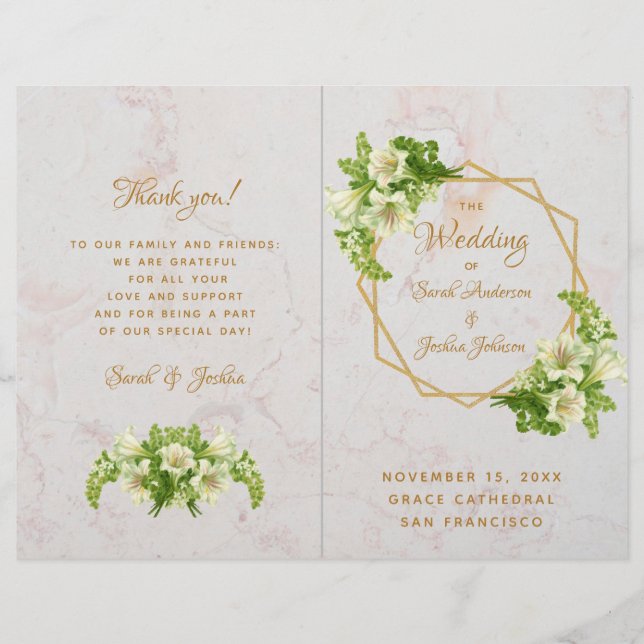 Folded Wedding Program - Marble Gold White Lilies (Front)