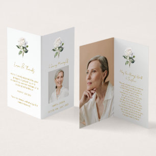 Folded White rose Photo Funeral Prayer Card