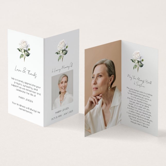 Folded White rose Photo Funeral Prayer Card (Inside and Outside)