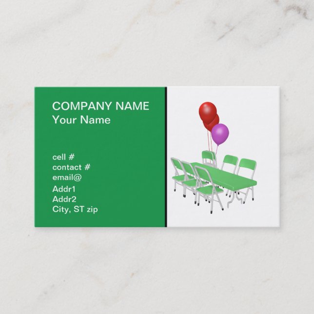 folding chair and tables with party balloons business card (Front)