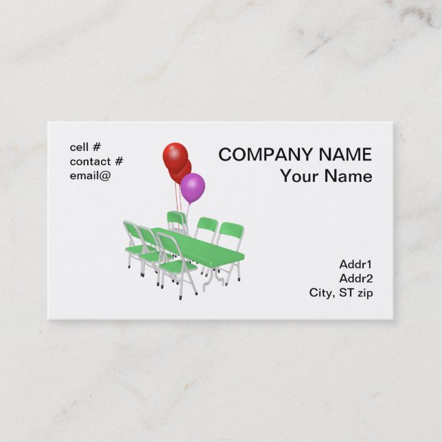 folding chair and tables with party balloons business card (Front)