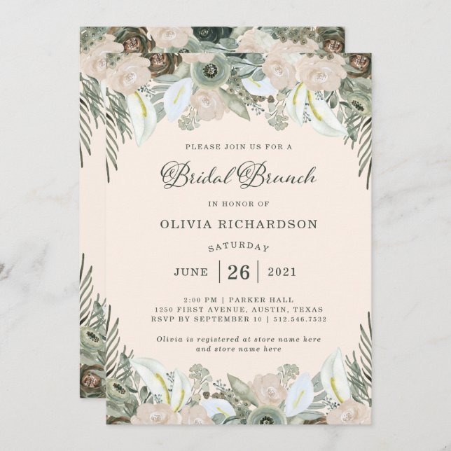 Foliage and Floral | Blush Pink Bridal Brunch Invitation (Front/Back)