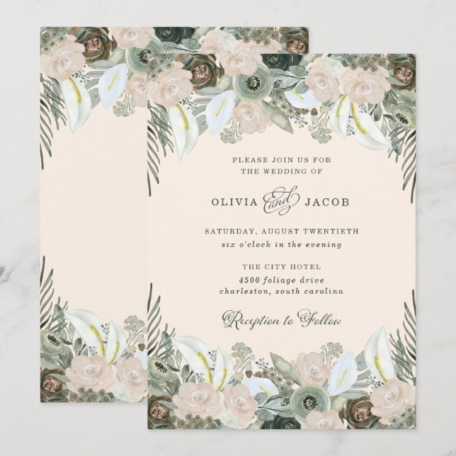Foliage and Floral | Blush Pink Wedding Invitation (Front/Back)