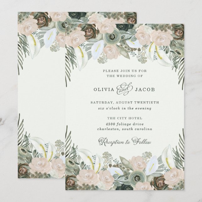 Foliage and Floral | Light Green Wedding Invitation (Front/Back)