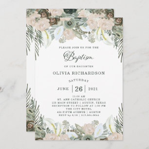 Foliage and Floral   Sage Green Baptism Invitation