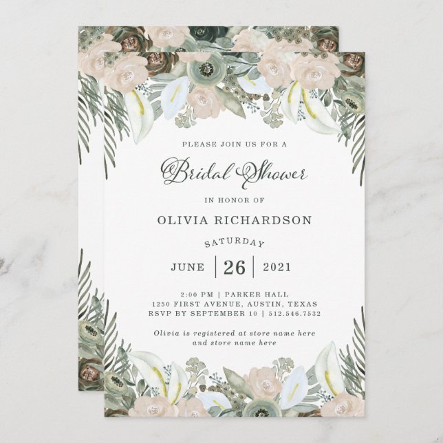 Foliage and Floral | Sage Green Bridal Shower Invitation (Front/Back)