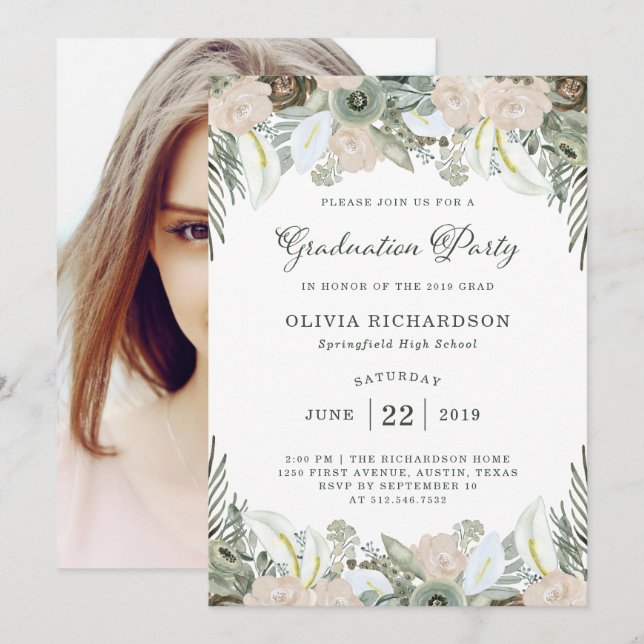 Foliage and Floral | Sage Green Grad Party Photo Invitation (Front/Back)