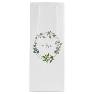 Foliage and Gold Monogram White Elegant II Wedding Wine Gift Bag