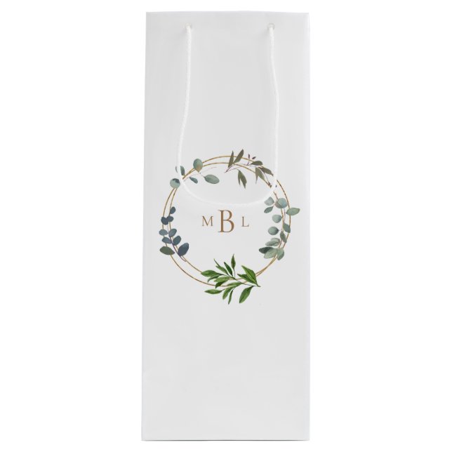 Foliage and Gold Monogram White Elegant II Wedding Wine Gift Bag (Front)