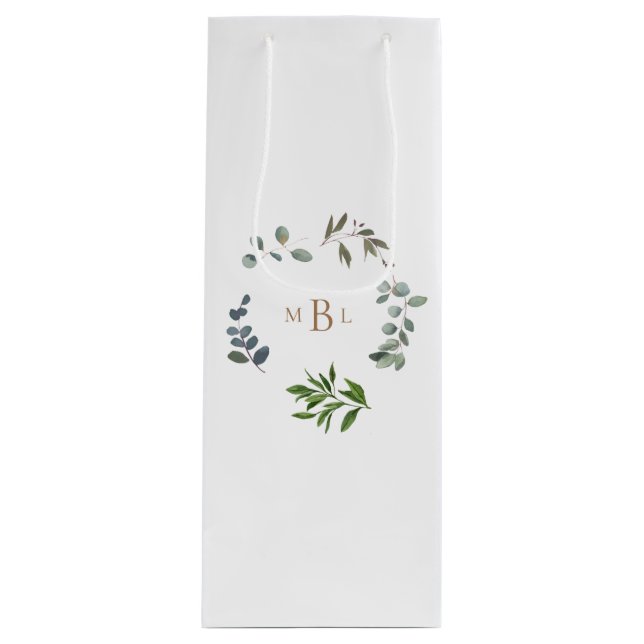 Foliage and Gold Monogram White Elegant Wedding Wine Gift Bag (Front)