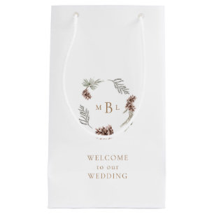 Foliage and Gold Monogram White Winter Wedding  Small Gift Bag