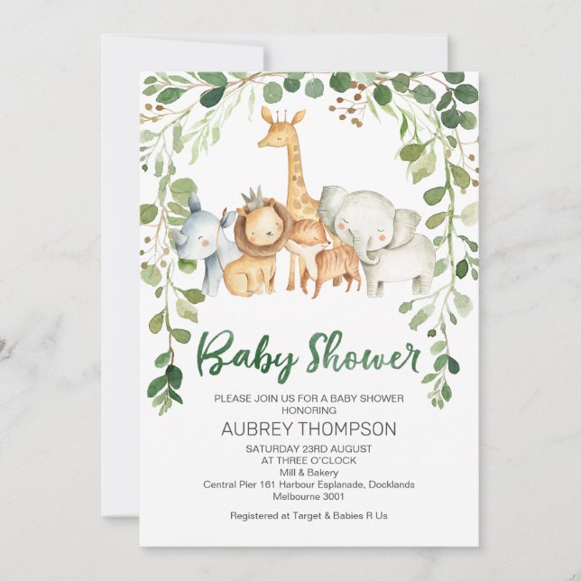 Foliage And Safari Animals Baby Shower Invitation (Front)