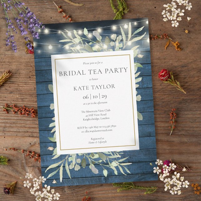 Foliage Blue Rustic String Lights Bridal Tea Party Invitation (Foliage Blue Rustic String Lights Bridal Tea Party Invitation)
