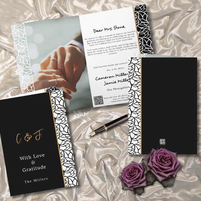 Foliage Border Black White Wedding Folded Thank You Card (Foliage Border Black White Wedding Folded Thank You Card)