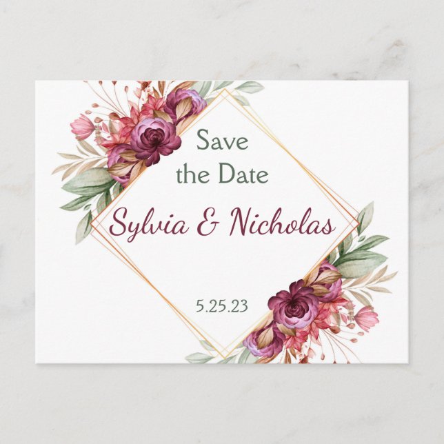 Foliage Botanical Burgundy Roses Save the Dates  Announcement Postcard (Front)