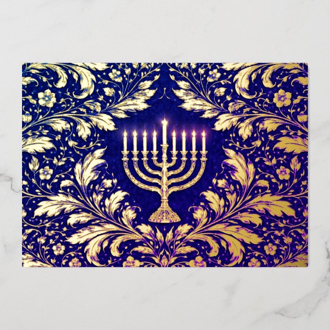 Foliage botanical  menorah foil holiday card (Front)