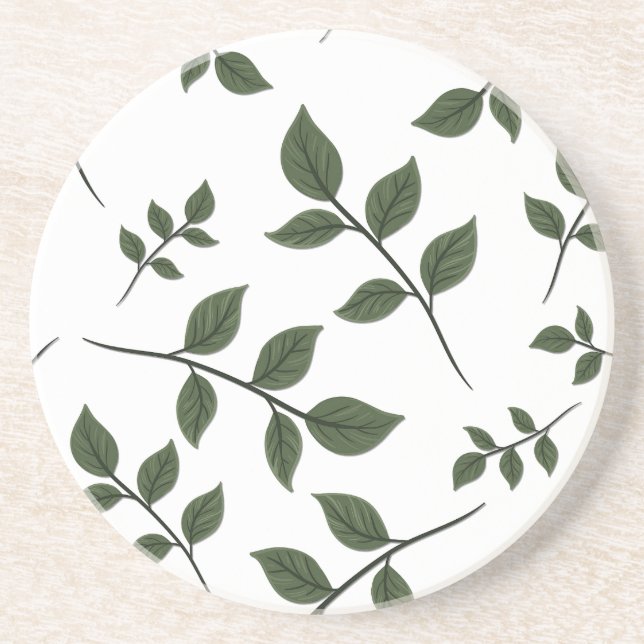 Foliage Branches with Green Leaves on White Coaster (Front)