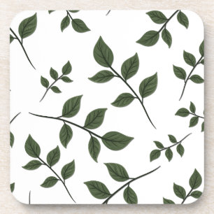 Foliage Branches with Green Leaves on White Coaster