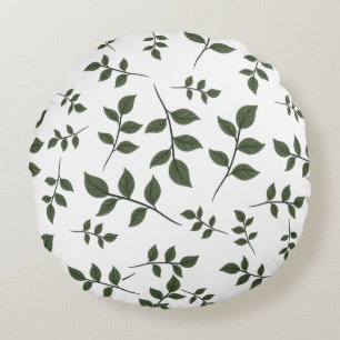 Foliage Branches with Green Leaves on White Round Cushion