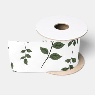 Foliage Branches with Green Leaves on White Satin Ribbon
