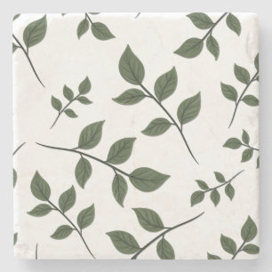 Foliage Branches with Green Leaves on White Stone Coaster