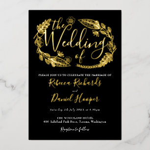 Foliage Chic Script Wedding Black And Gold Foil In