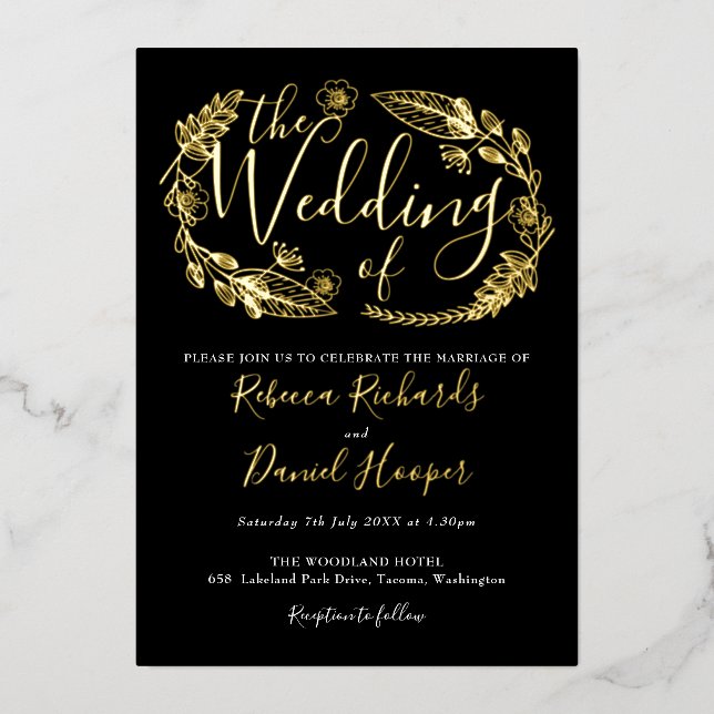 Foliage Chic Script Wedding Black And Gold Foil In (Front)