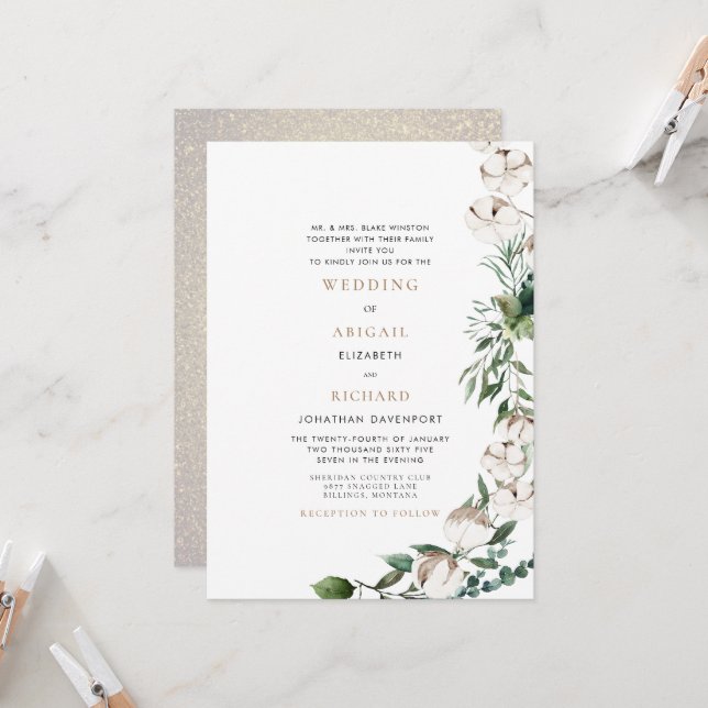 Foliage & Cotton Bride Parents Wedding Invitation (Front/Back In Situ)