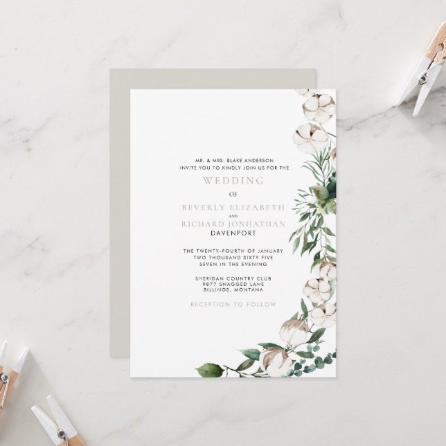 Foliage & Cotton Modern Wedding  Invitation (Front/Back In Situ)