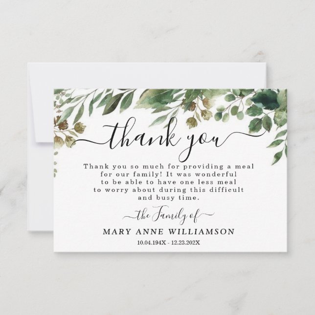 Foliage Elegant Funeral Food Thank You Card (Front)