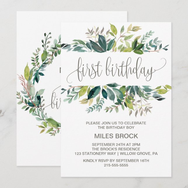 Foliage First Birthday Invitation (Front/Back)
