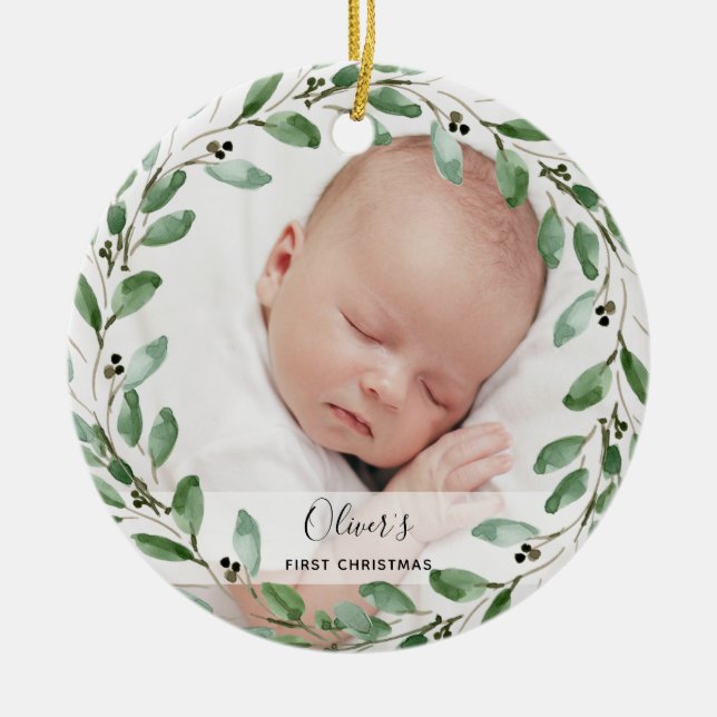 Foliage Frame | Baby's First Christmas with Photos Ceramic Tree Decoration (Front)