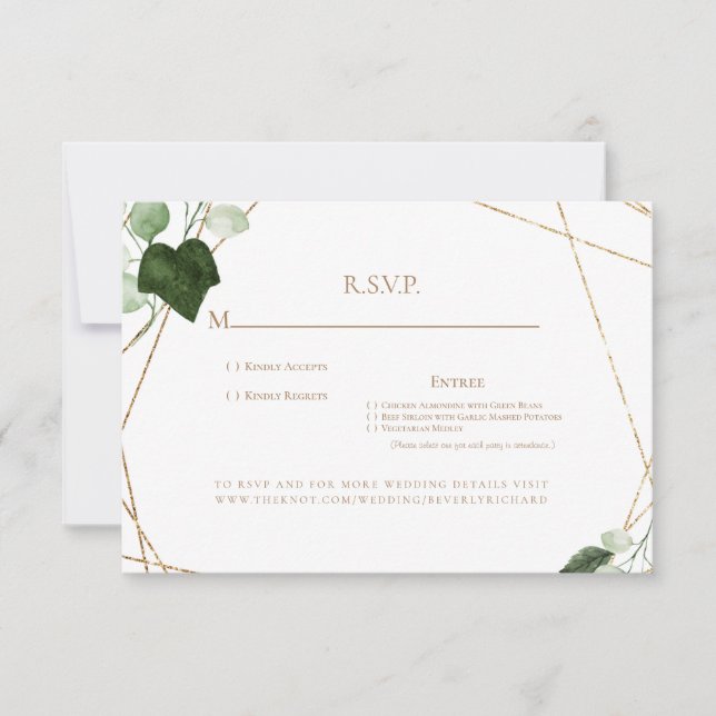 Foliage & Gold Monogram Dinner Options Wedding  RSVP Card (Front)