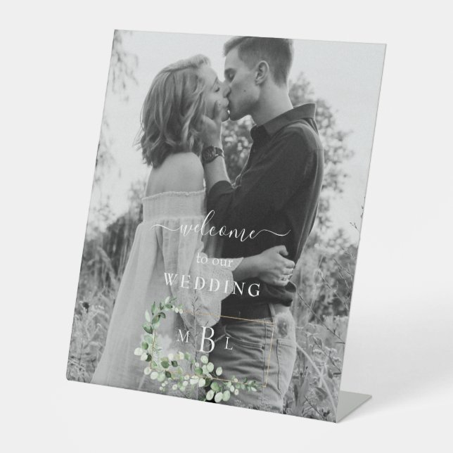 Foliage  & Gold Monogram Welcome Wedding Sign (Front)