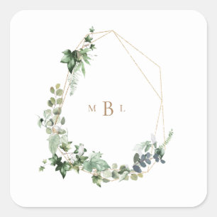 Foliage  & Gold Monogram White Wedding Square Sticker