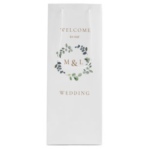 Foliage & Gold Monogram White Wedding Welcome Wine Gift Bag