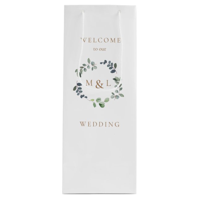 Foliage & Gold Monogram White Wedding Welcome Wine Gift Bag (Front)