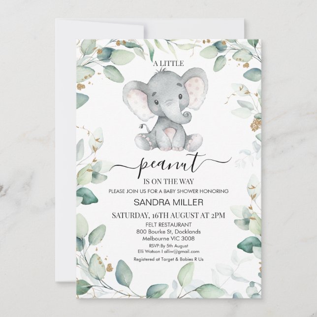 Foliage Green Gold Elephant Peanut Baby Shower Invitation (Front)