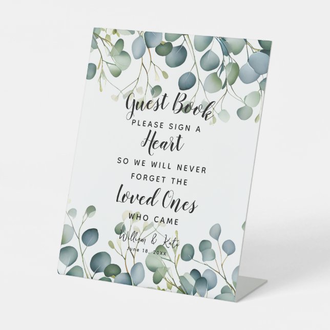 foliage green heart guest book wedding eucalyptus  pedestal sign (Front)