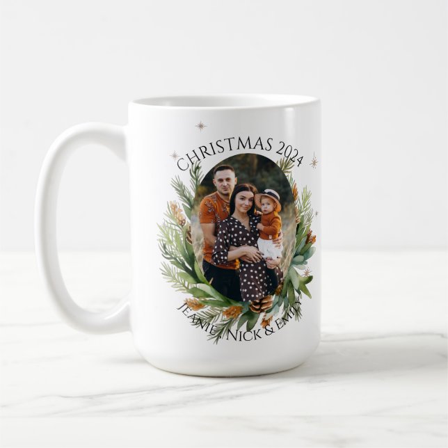 Foliage Green Leaves Family Photo Merry Christmas Coffee Mug (Left)