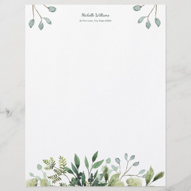 Foliage Green Leaves Watercolor Letterhead (Front)