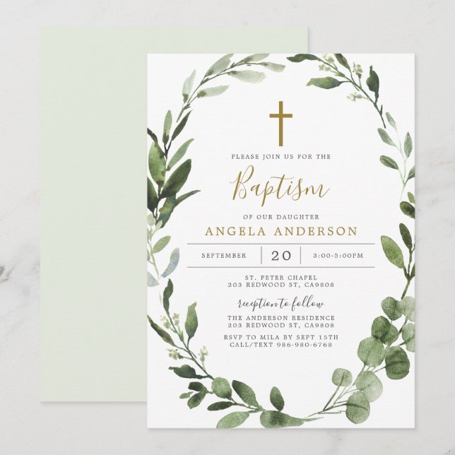 Foliage Greenery Baptism/Christening Invitation (Front/Back)