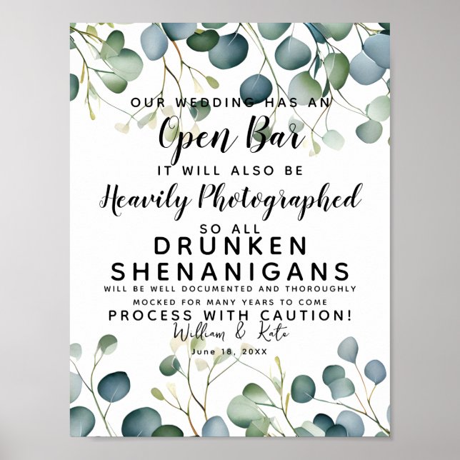 foliage greenery Open Bar wedding sign eucalyptus (Front)