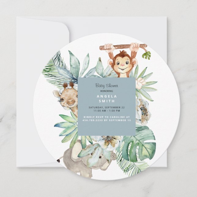 Foliage Jungle Animals Dusty Blue Baby Round Invitation (Front)