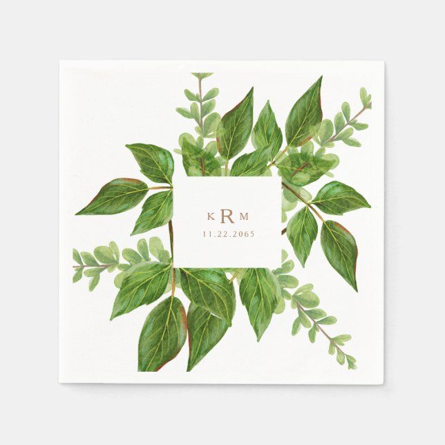 Foliage Leaves Gold Monogram Wedding Cocktail Napkin (Front)