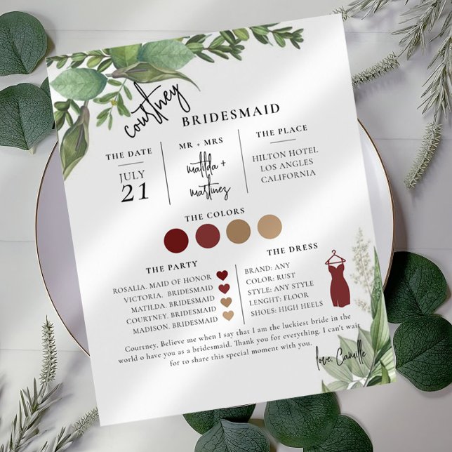Foliage Minimal Text Script Bridesmaid info Card (Creator Uploaded)