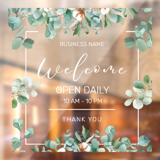 Foliage, Minimalist Business Hours Store Café Open Window Cling
