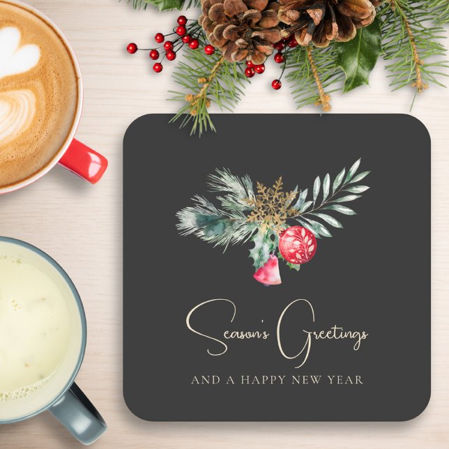 Foliage Modern Elegant Gold Red Christmas Party Square Paper Coaster (Creator Uploaded)