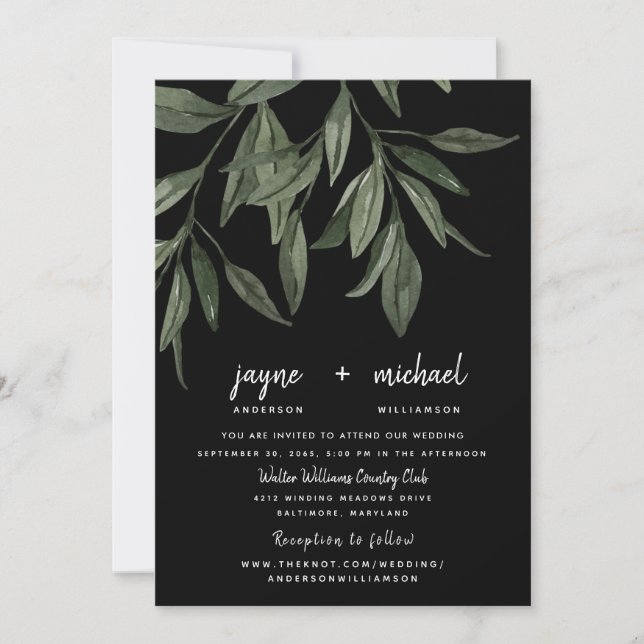 Foliage Modern Font Black Website Wedding Invitation (Front)